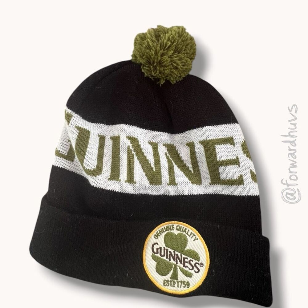 Guinness Ireland Knit Pom Beanie Hat Black Green Shamrock One Size